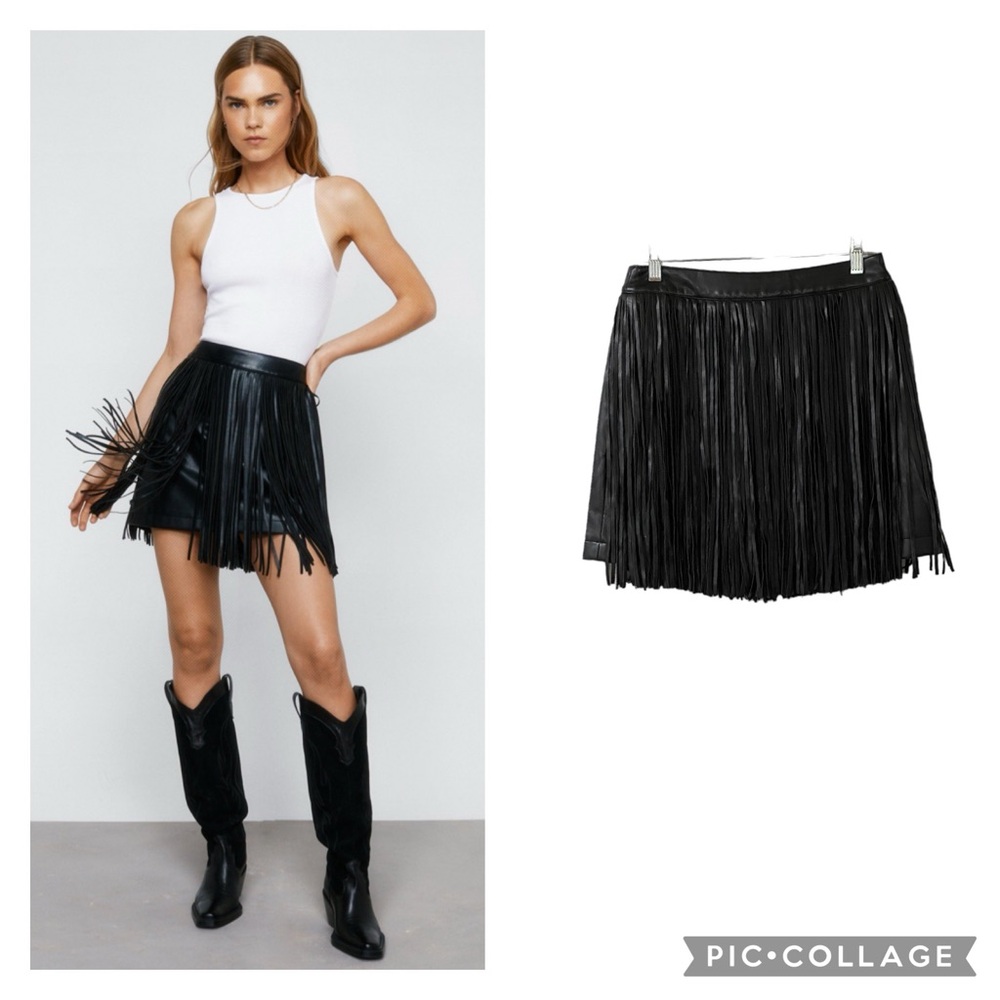 RODEO SEASON! Nasty Gal Black Faux Leather Fringe Tassel Mini Western Skirt Sz 4